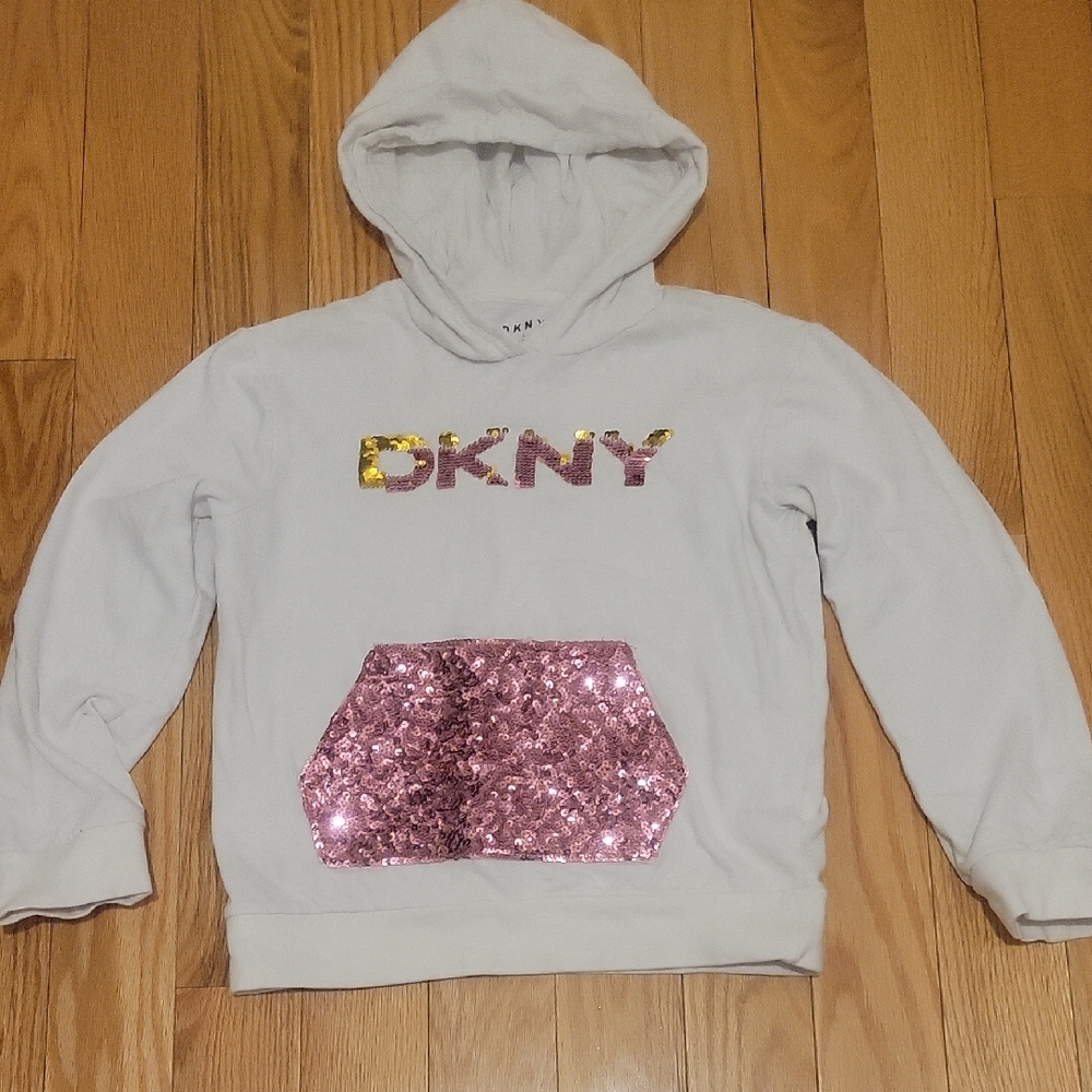 DKNY Kids White Hoodie with Pink Sequin Accent